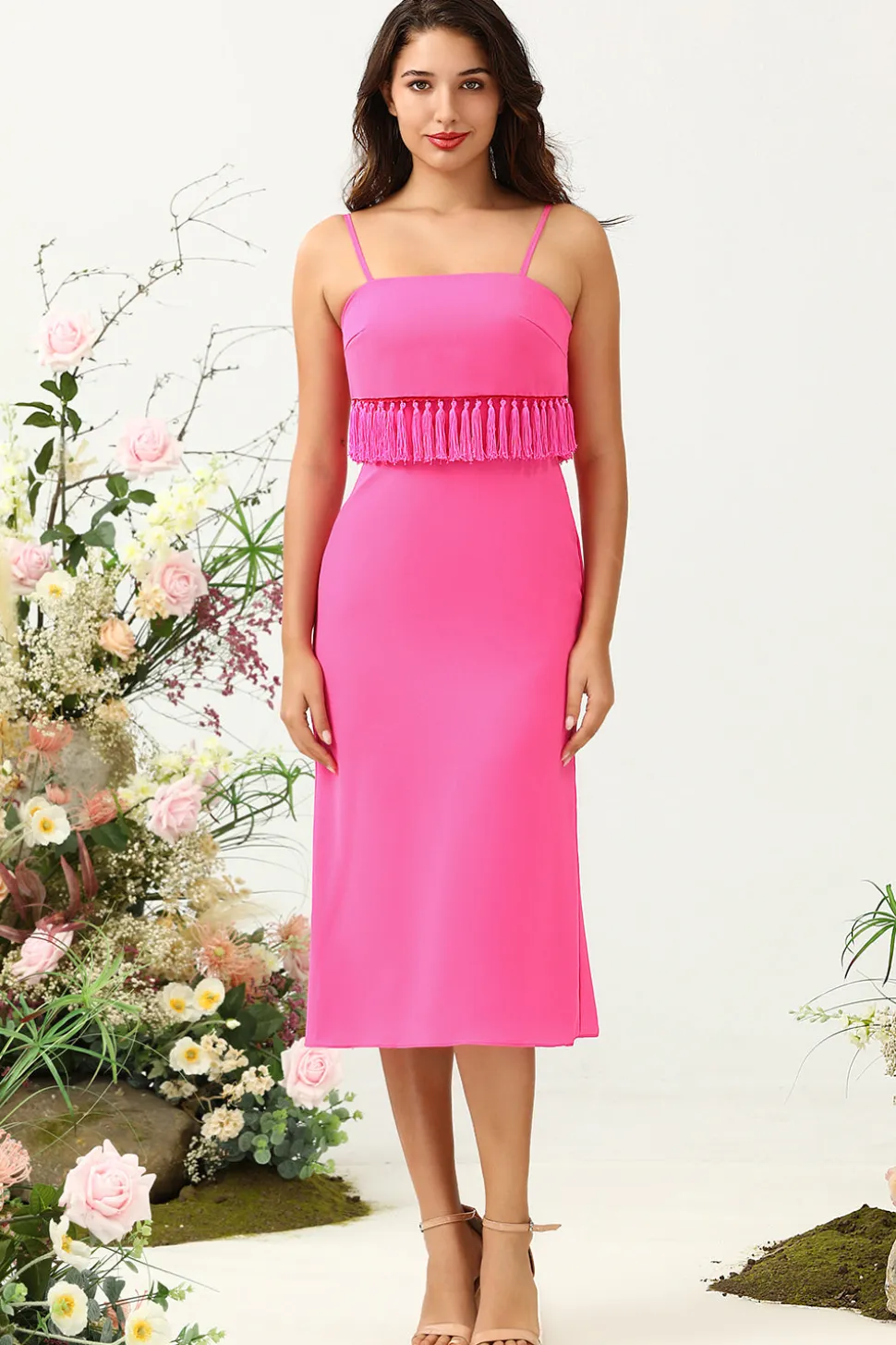 Esparguete Correias Rosa Vestido de Dama de Honor Com Franjas