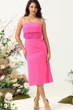 Esparguete Correias Rosa Vestido de Dama de Honor Com Franjas