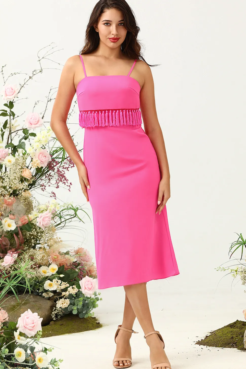 Esparguete Correias Rosa Vestido de Dama de Honor Com Franjas