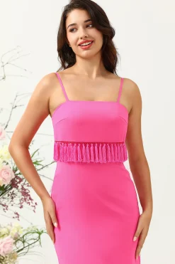 Esparguete Correias Rosa Vestido de Dama de Honor Com Franjas