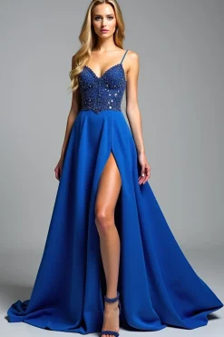 Esparguete Correias Royal Blue A Line Beads Prom Dress with Slit