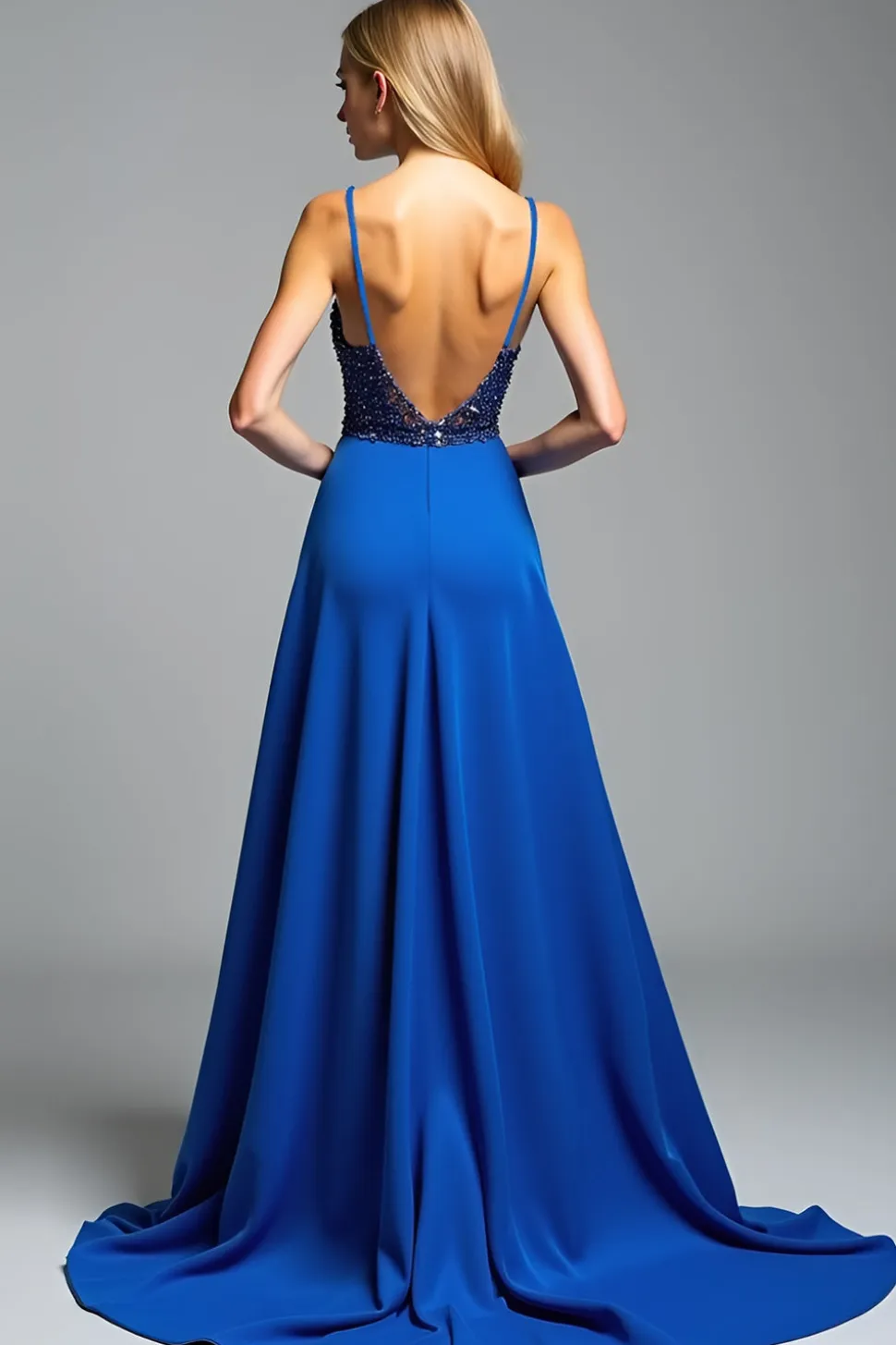 Esparguete Correias Royal Blue A Line Beads Prom Dress with Slit