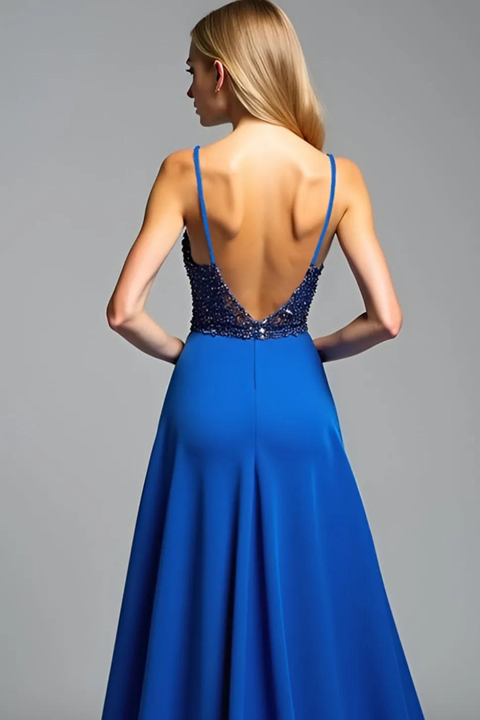 Esparguete Correias Royal Blue A Line Beads Prom Dress with Slit
