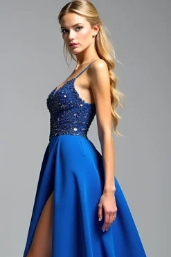 Esparguete Correias Royal Blue A Line Beads Prom Dress with Slit