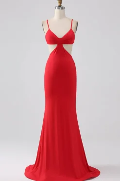 Esparguete Correias Sereia Backless Vestido Vermelho Prom