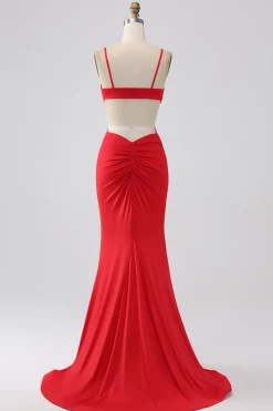Esparguete Correias Sereia Backless Vestido Vermelho Prom