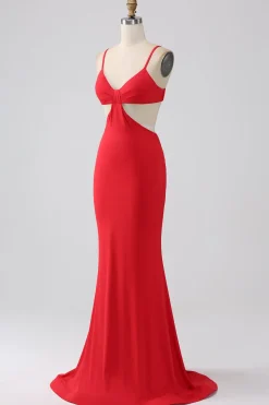 Esparguete Correias Sereia Backless Vestido Vermelho Prom