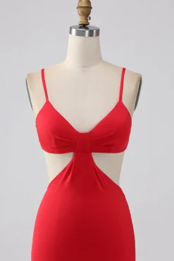 Esparguete Correias Sereia Backless Vestido Vermelho Prom