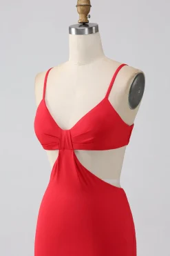 Esparguete Correias Sereia Backless Vestido Vermelho Prom