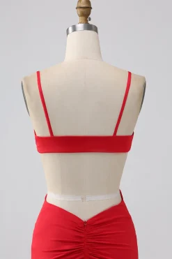 Esparguete Correias Sereia Backless Vestido Vermelho Prom