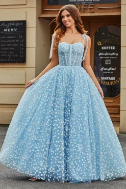 Esparguete Correias Sky Blue A-Line Corset Prom Dress com Florais