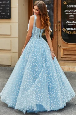 Esparguete Correias Sky Blue A-Line Corset Prom Dress com Florais
