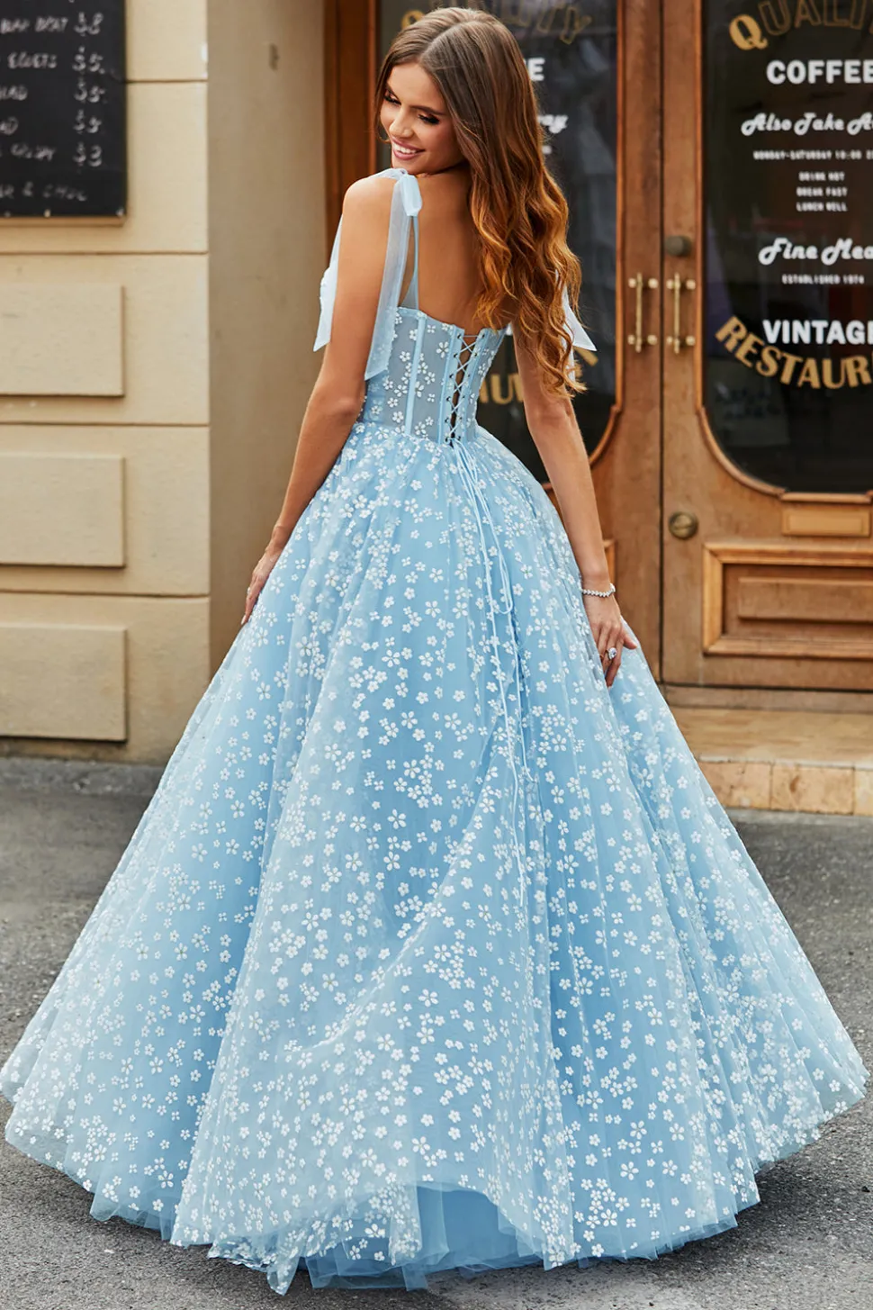 Esparguete Correias Sky Blue A-Line Corset Prom Dress com Florais
