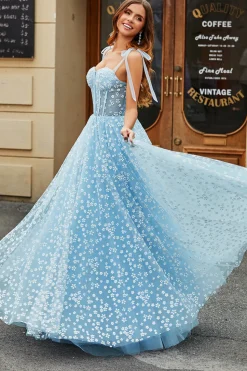 Esparguete Correias Sky Blue A-Line Corset Prom Dress com Florais