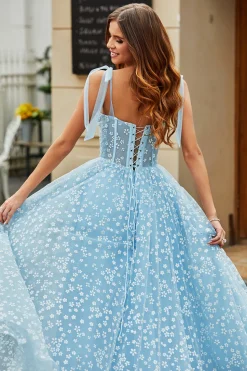 Esparguete Correias Sky Blue A-Line Corset Prom Dress com Florais