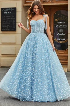 Esparguete Correias Sky Blue A-Line Corset Prom Dress com Florais