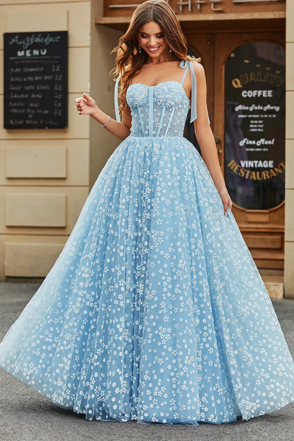 Esparguete Correias Sky Blue A-Line Corset Prom Dress com Florais