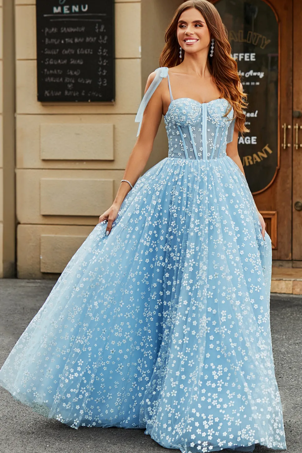 Esparguete Correias Sky Blue A-Line Corset Prom Dress com Florais