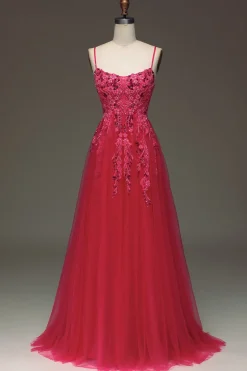Esparguete Correias Uma Linha Vestido de Baile Vermelho com Apliques