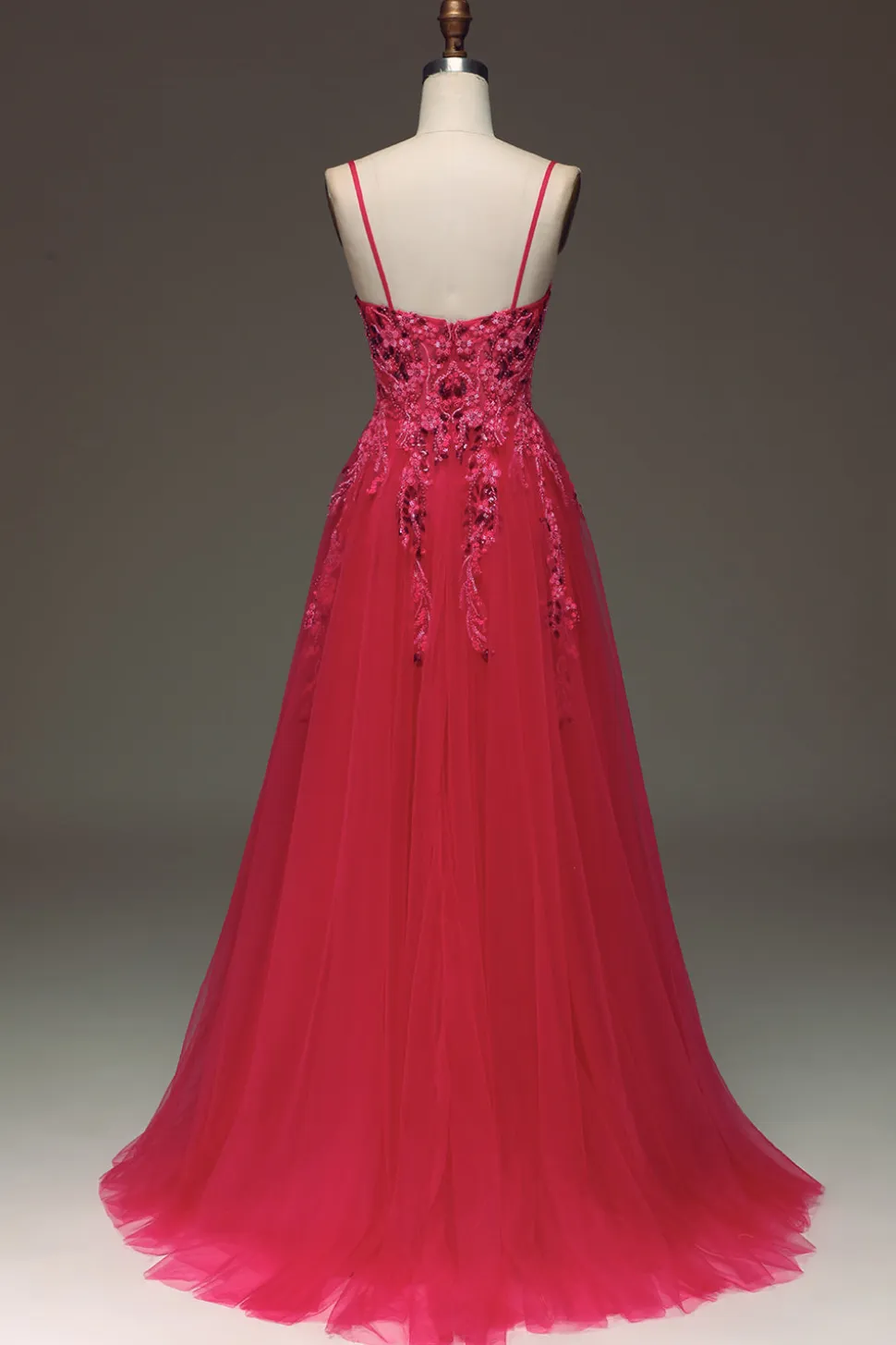 Esparguete Correias Uma Linha Vestido de Baile Vermelho com Apliques