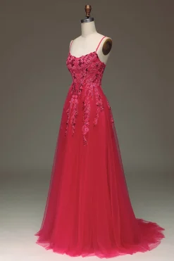 Esparguete Correias Uma Linha Vestido de Baile Vermelho com Apliques