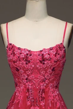 Esparguete Correias Uma Linha Vestido de Baile Vermelho com Apliques