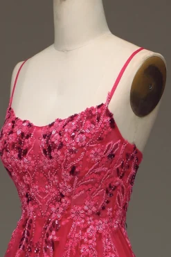 Esparguete Correias Uma Linha Vestido de Baile Vermelho com Apliques