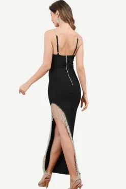 Esparguete Correias Vestido Preto de Festa com Franjas