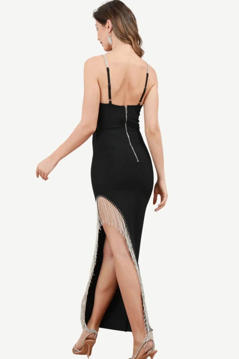 Esparguete Correias Vestido Preto de Festa com Franjas