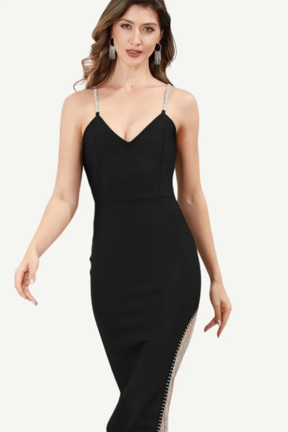 Esparguete Correias Vestido Preto de Festa com Franjas