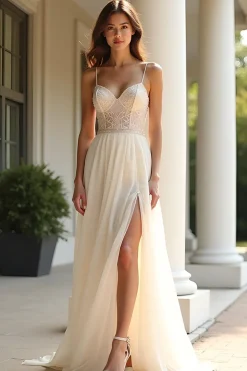 Esparguete de champanhe correias uma linha longo vestido de baile com fenda