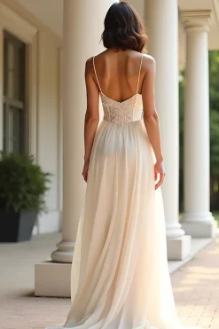 Esparguete de champanhe correias uma linha longo vestido de baile com fenda