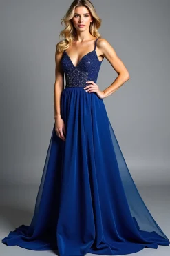 Esparguete de Tule Azul Brilhante Um Vestido Formal Linha com Missangas