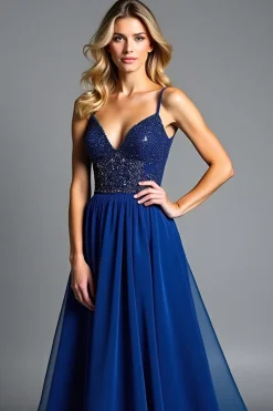 Esparguete de Tule Azul Brilhante Um Vestido Formal Linha com Missangas