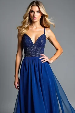 Esparguete de Tule Azul Brilhante Um Vestido Formal Linha com Missangas