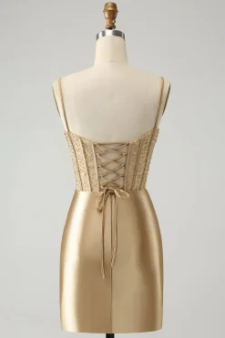 Esparguete Dourado Correias Bodycon Corset Cetim Homecoming Dress com Fenda