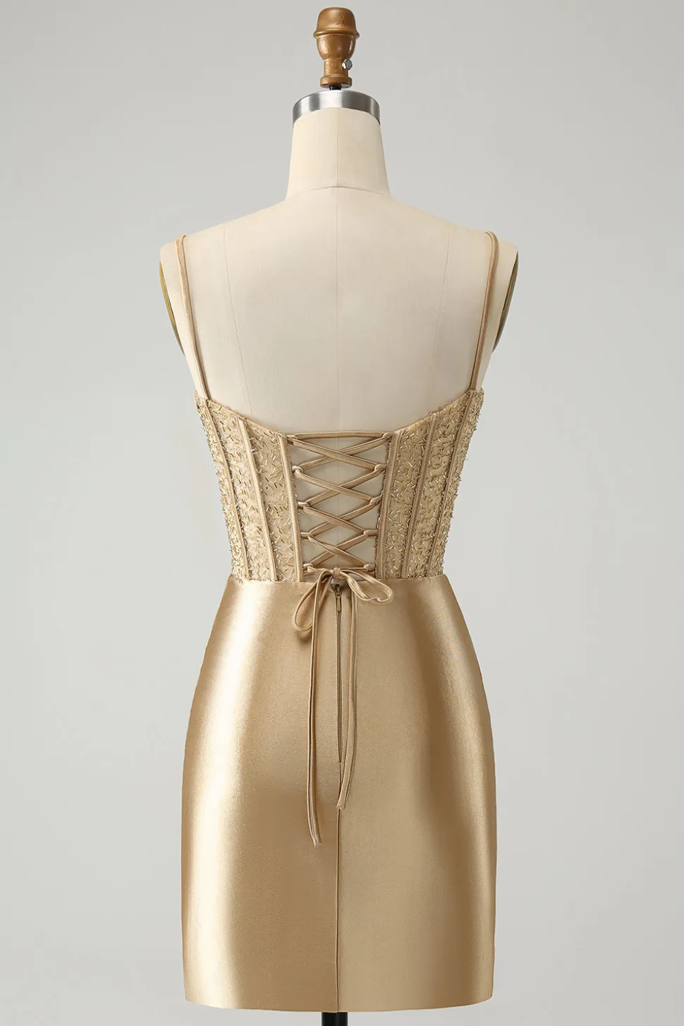 Esparguete Dourado Correias Bodycon Corset Cetim Homecoming Dress com Fenda