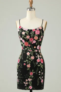 Esparguete Preto Correias Bodycon Homecoming Vestido Com Apliques