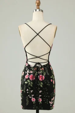 Esparguete Preto Correias Bodycon Homecoming Vestido Com Apliques