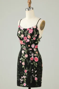 Esparguete Preto Correias Bodycon Homecoming Vestido Com Apliques