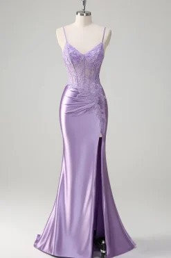 Esparguete Sereia Lilás Correias Vestido Longo Baile de Formatura com Apliques
