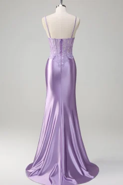 Esparguete Sereia Lilás Correias Vestido Longo Baile de Formatura com Apliques