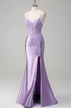 Esparguete Sereia Lilás Correias Vestido Longo Baile de Formatura com Apliques