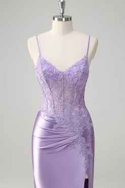 Esparguete Sereia Lilás Correias Vestido Longo Baile de Formatura com Apliques