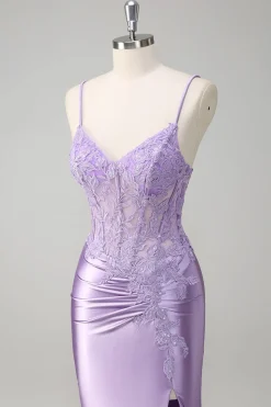 Esparguete Sereia Lilás Correias Vestido Longo Baile de Formatura com Apliques