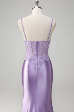 Esparguete Sereia Lilás Correias Vestido Longo Baile de Formatura com Apliques