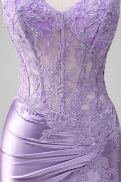 Esparguete Sereia Lilás Correias Vestido Longo Baile de Formatura com Apliques