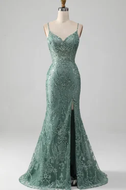 Esparguete Staps Sparkly Grey Green Prom Dress com Missangas