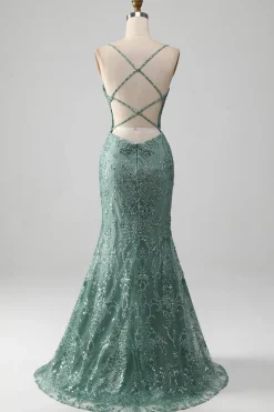 Esparguete Staps Sparkly Grey Green Prom Dress com Missangas