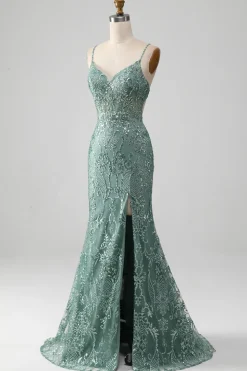 Esparguete Staps Sparkly Grey Green Prom Dress com Missangas